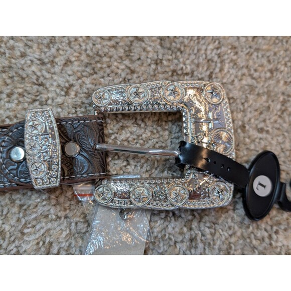 West Curve Belt Cowboy Prayer Silver Concho Coffee Emboss Four Leaf Measures 38"